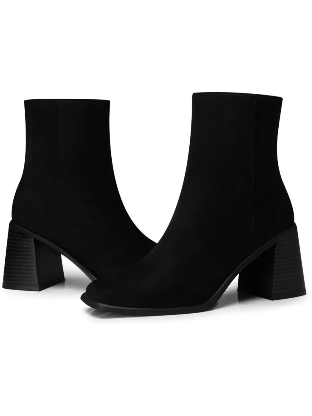 Women's Black Suede Square Toe Comfortable Chunky Heel Faux Leather Ankle Boots